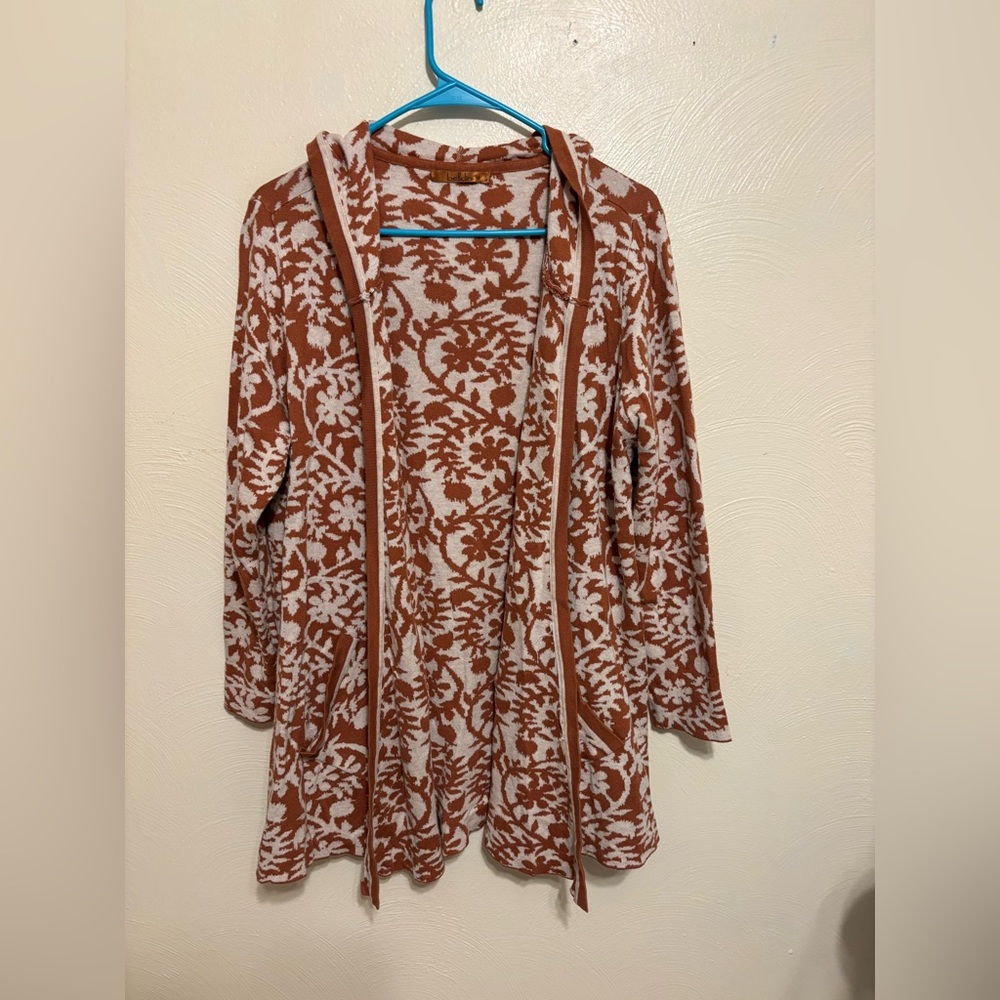 Belldini Rust Cream Floral Hooded Knit Cardigan Open Front Pockets Size L/XL